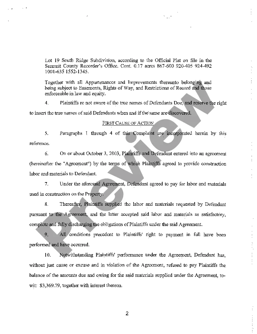 Preview A01 Complaint for Breach of Contract