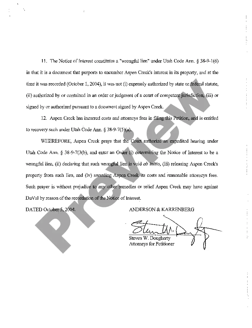Get A01 Petition to Nullify Wrongful Lien Under UCA 38-9-7 Preview A01 Petition to Nullify Wrongful Lien Under UCA 38-9-7