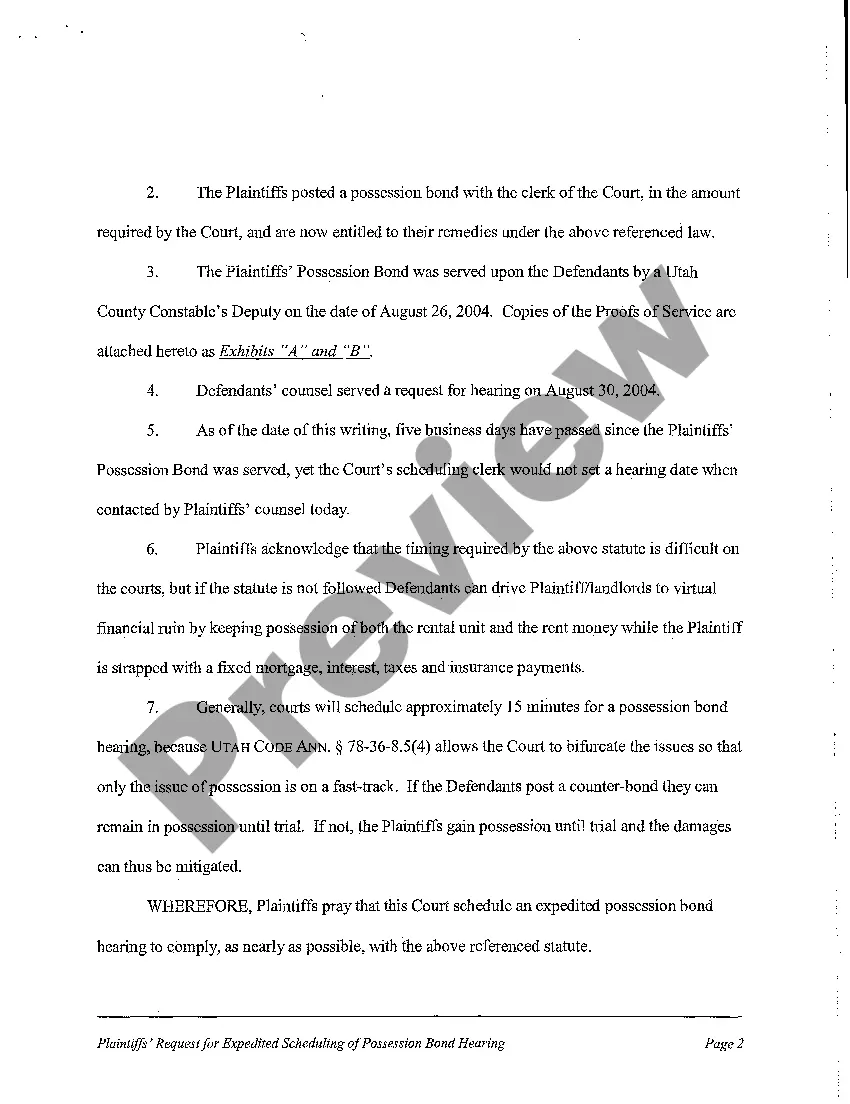 Preview A10 Plaintiff's Request for Expedited Scheduling of Possession Bond Hearing