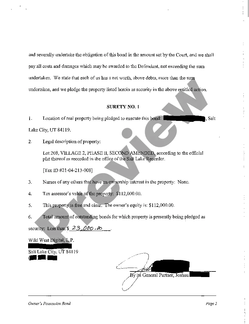 Preview A08 Plaintiff's Possession Bond and Notice to Tenant