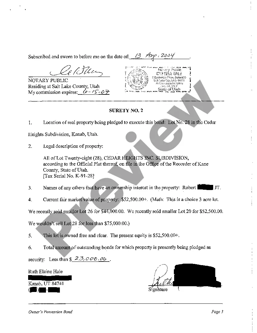 Preview A08 Plaintiff's Possession Bond and Notice to Tenant