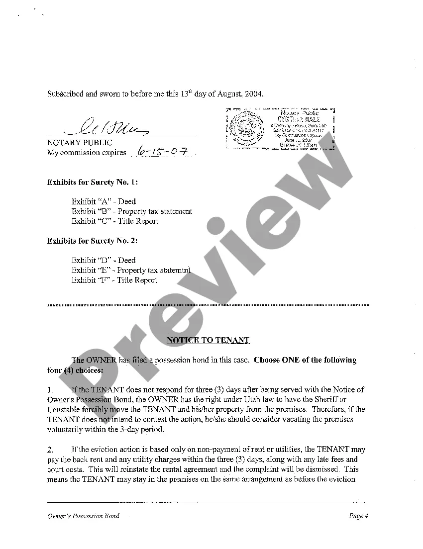 Preview A08 Plaintiff's Possession Bond and Notice to Tenant
