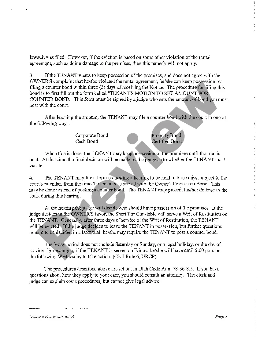 Preview A08 Plaintiff's Possession Bond and Notice to Tenant