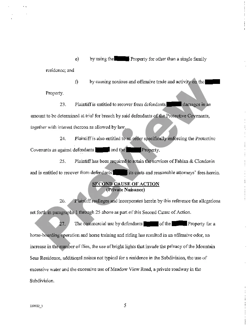 Preview A01 Complaint for Breach of Covenants, Private Nuisance and Civil Conspiracy