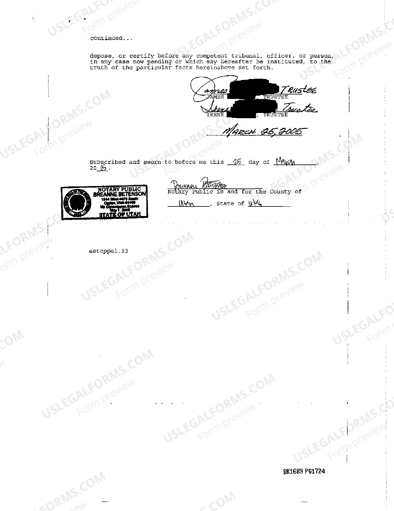 Preview Estoppels Affidavit regarding Trust Property Deed