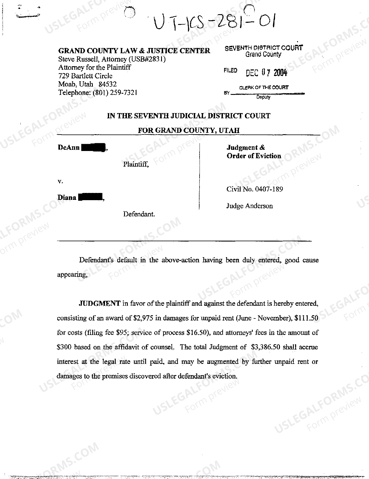 Utah Judgment and Order of Eviction US Legal Forms