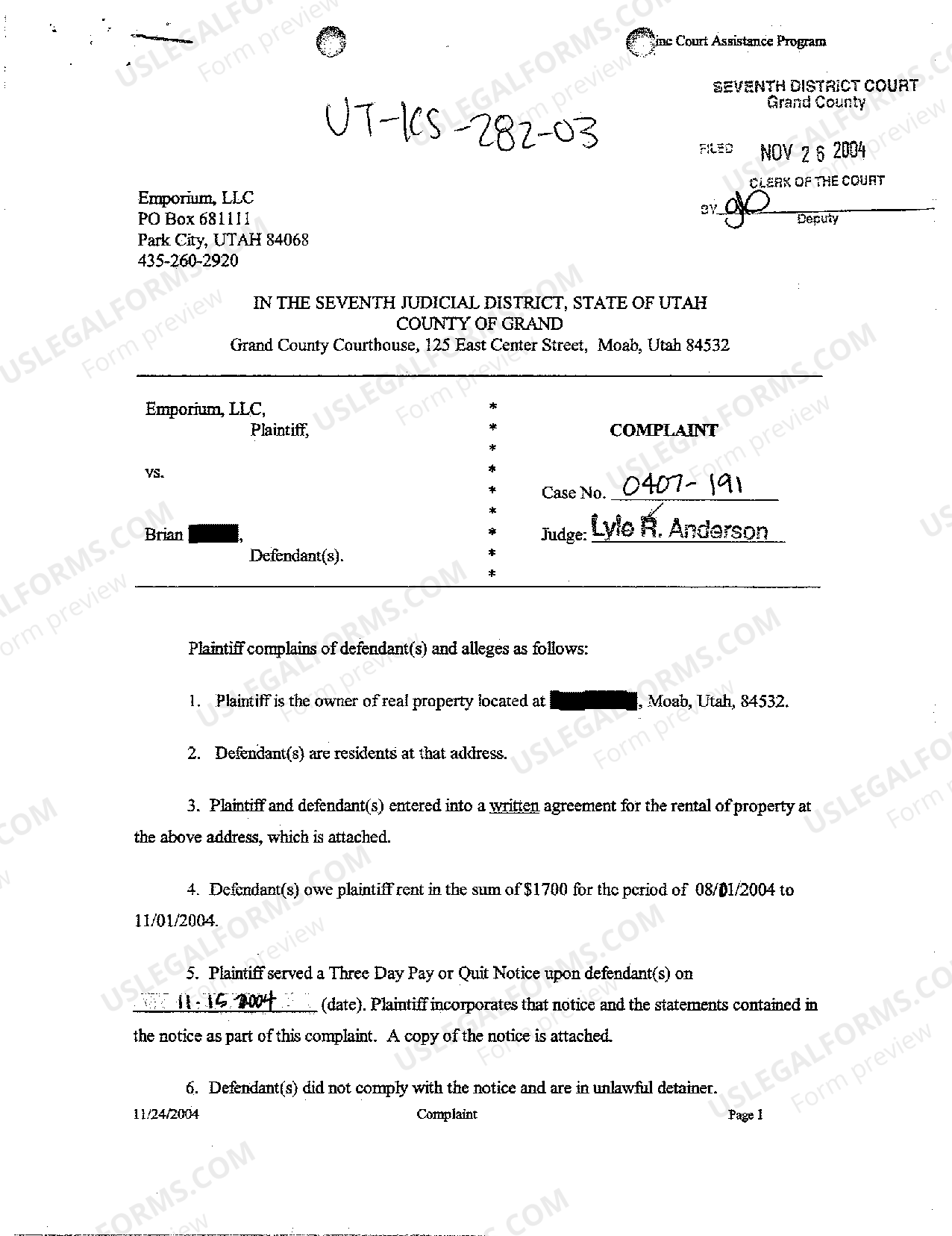 Utah Complaint for Eviction Eviction Complaint Form US Legal Forms