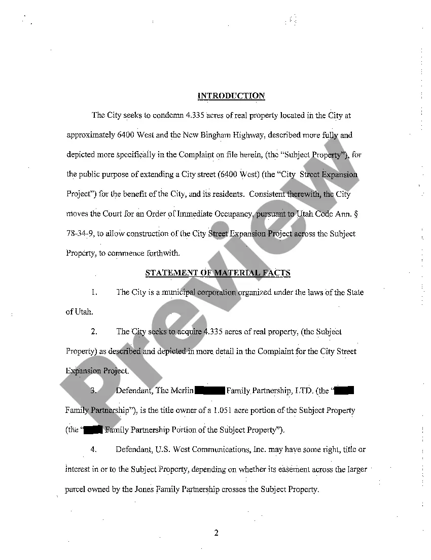 Preview A03 Plaintiff's Memorandum of Pints and Authorities in Support of It's Motion For Immediate Occupancy