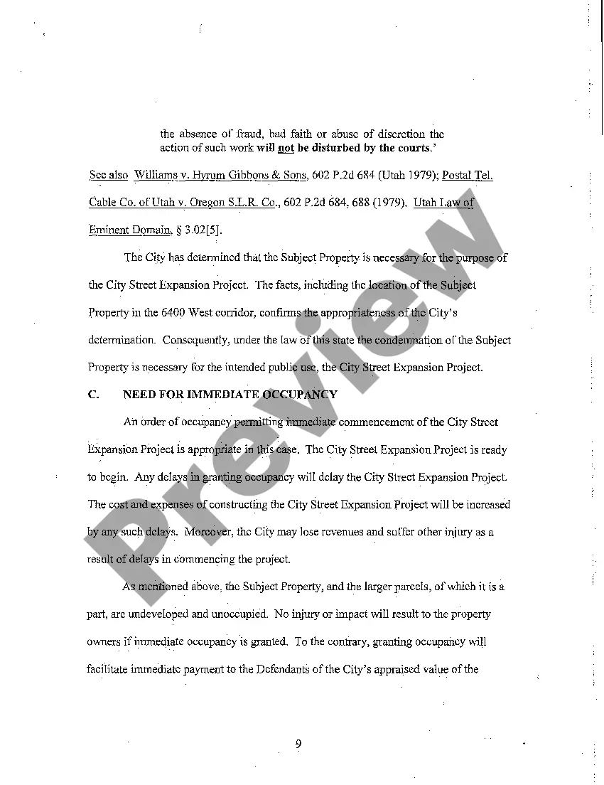 Preview A03 Plaintiff's Memorandum of Pints and Authorities in Support of It's Motion For Immediate Occupancy
