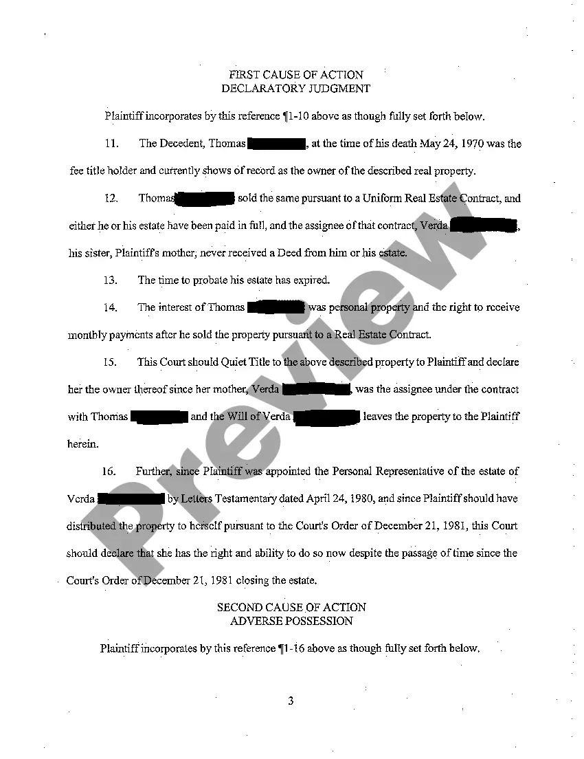 Get A01 Verified Complaint for Declaratory Judgment and Adverse Possession Preview A01 Verified Complaint for Declaratory Judgment and Adverse Possession