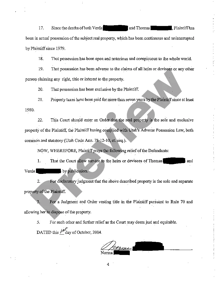 Get A01 Verified Complaint for Declaratory Judgment and Adverse Possession Preview A01 Verified Complaint for Declaratory Judgment and Adverse Possession