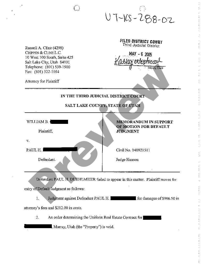 Utah Memorandum in Support of Motion For Default Judgment US Legal Forms