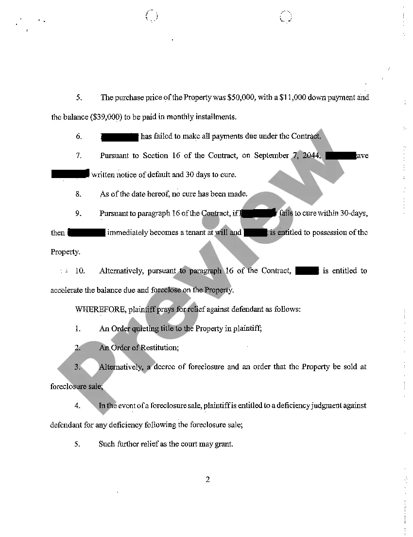 Preview A01 Complaint for Nonpayment on Real Estate Contract