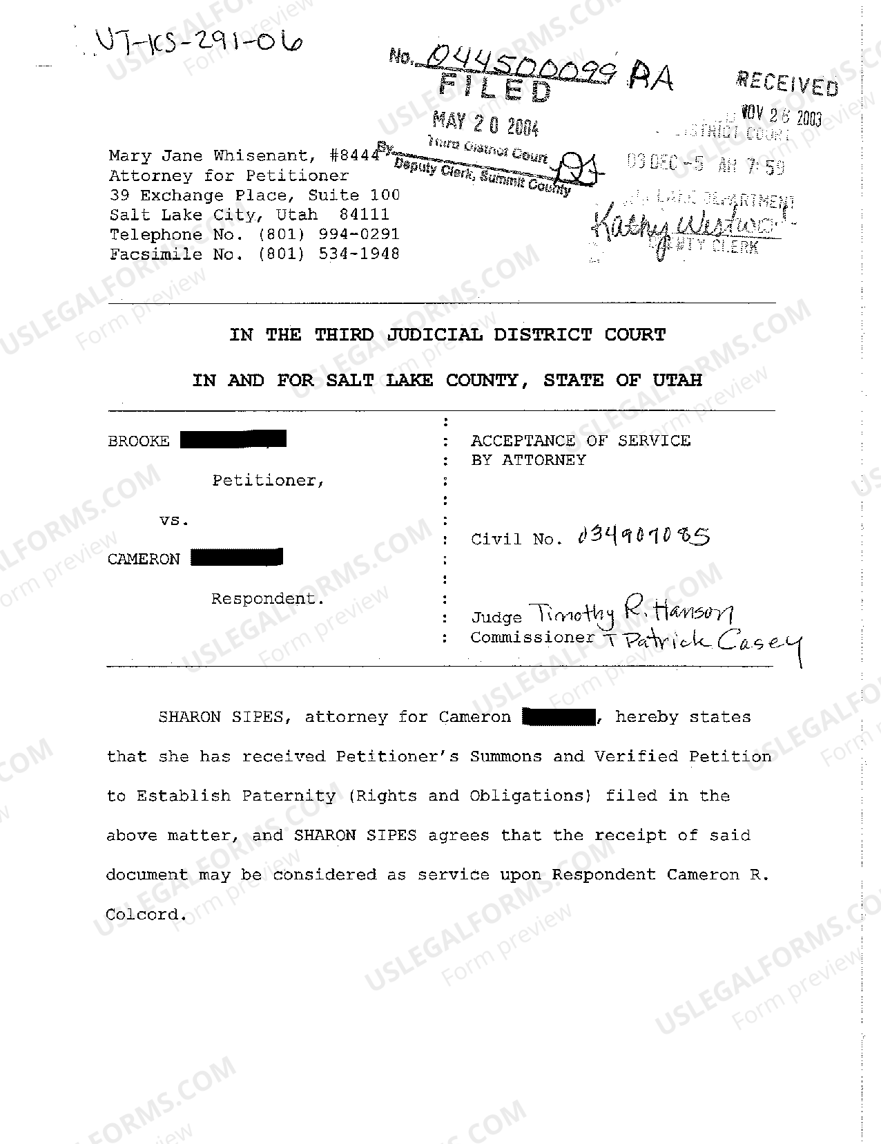 Utah Acceptance of Service By Attorney US Legal Forms