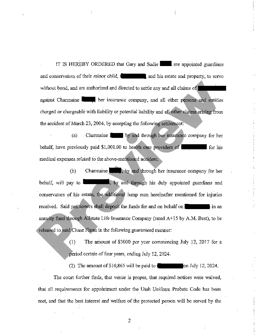 Preview A02 Order Approving Appointment of Guardian, Settlement, Conservator, and Disbursement of Settlement Proceeds