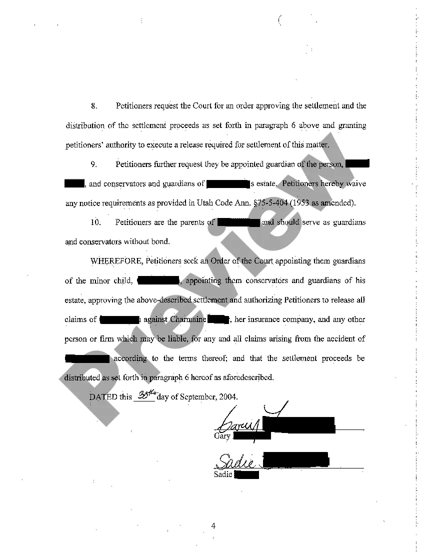 Preview A01 Petition For Appointment of Guardian, For Approval of Settlement, For Appointment of Conservator, and For Disbursement of Settlement
