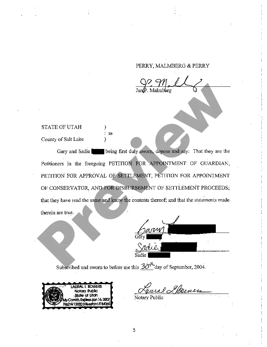 Preview A01 Petition For Appointment of Guardian, For Approval of Settlement, For Appointment of Conservator, and For Disbursement of Settlement