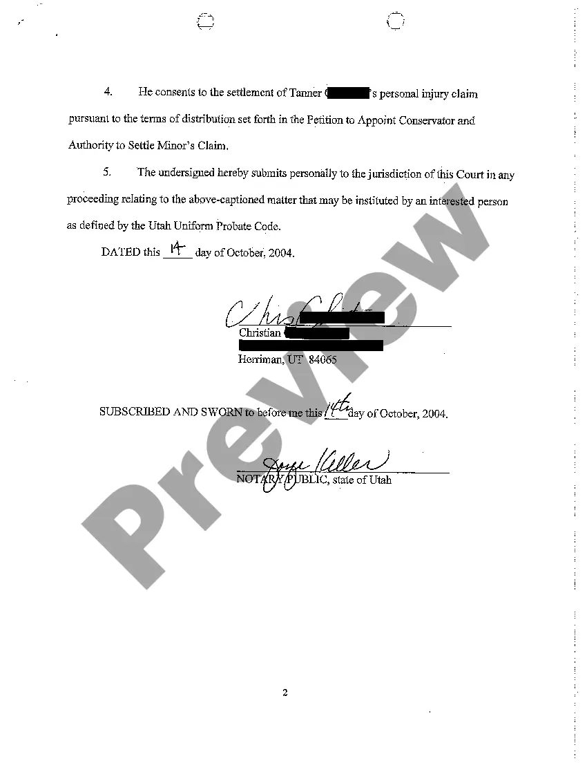 Preview A02 Waiver of Notice, Consent To Appointment of Conservator, and Authority To Settle Minors Claim