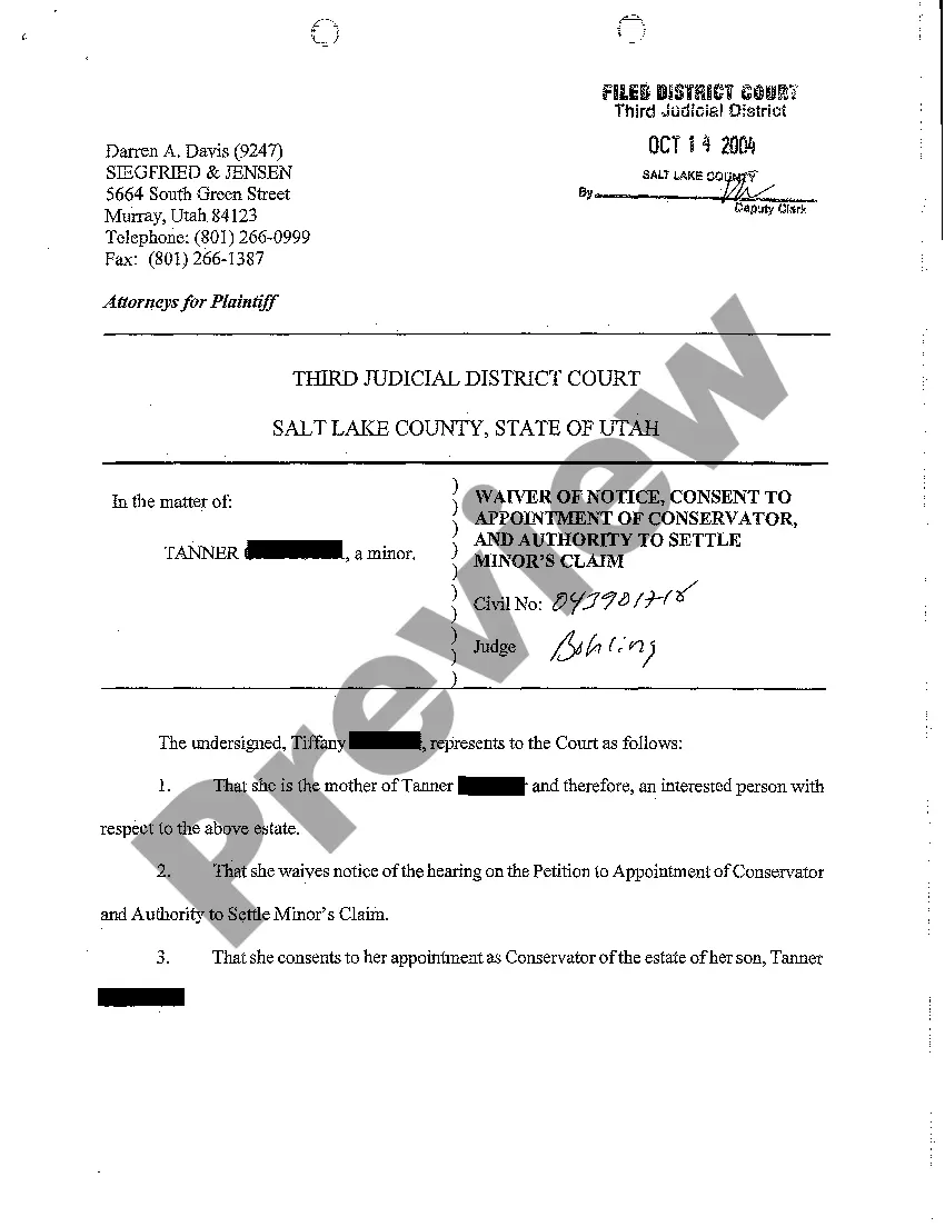 Preview A02 Waiver of Notice, Consent To Appointment of Conservator, and Authority To Settle Minors Claim