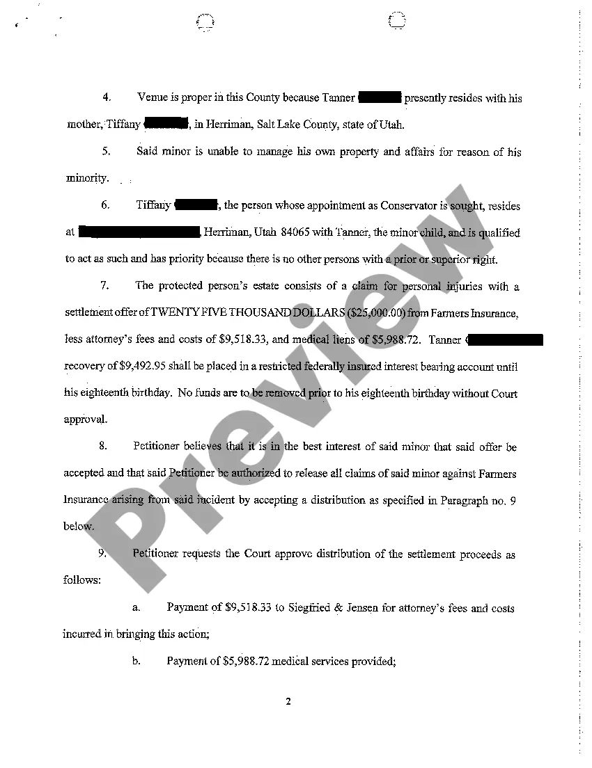 Preview A01 Petition To Appoint Conservator and Authority To Settle Minor's Claim