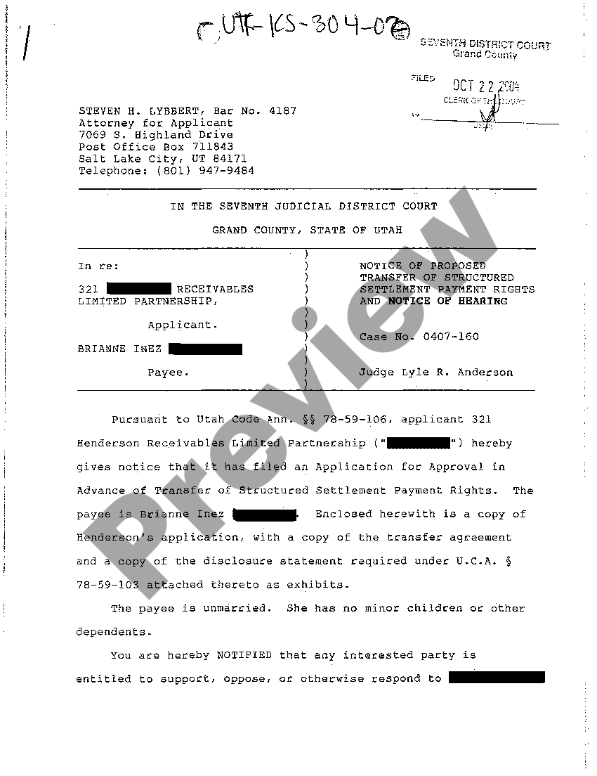 Utah Notice of Proposed Transfer of Structured Settlement Payment