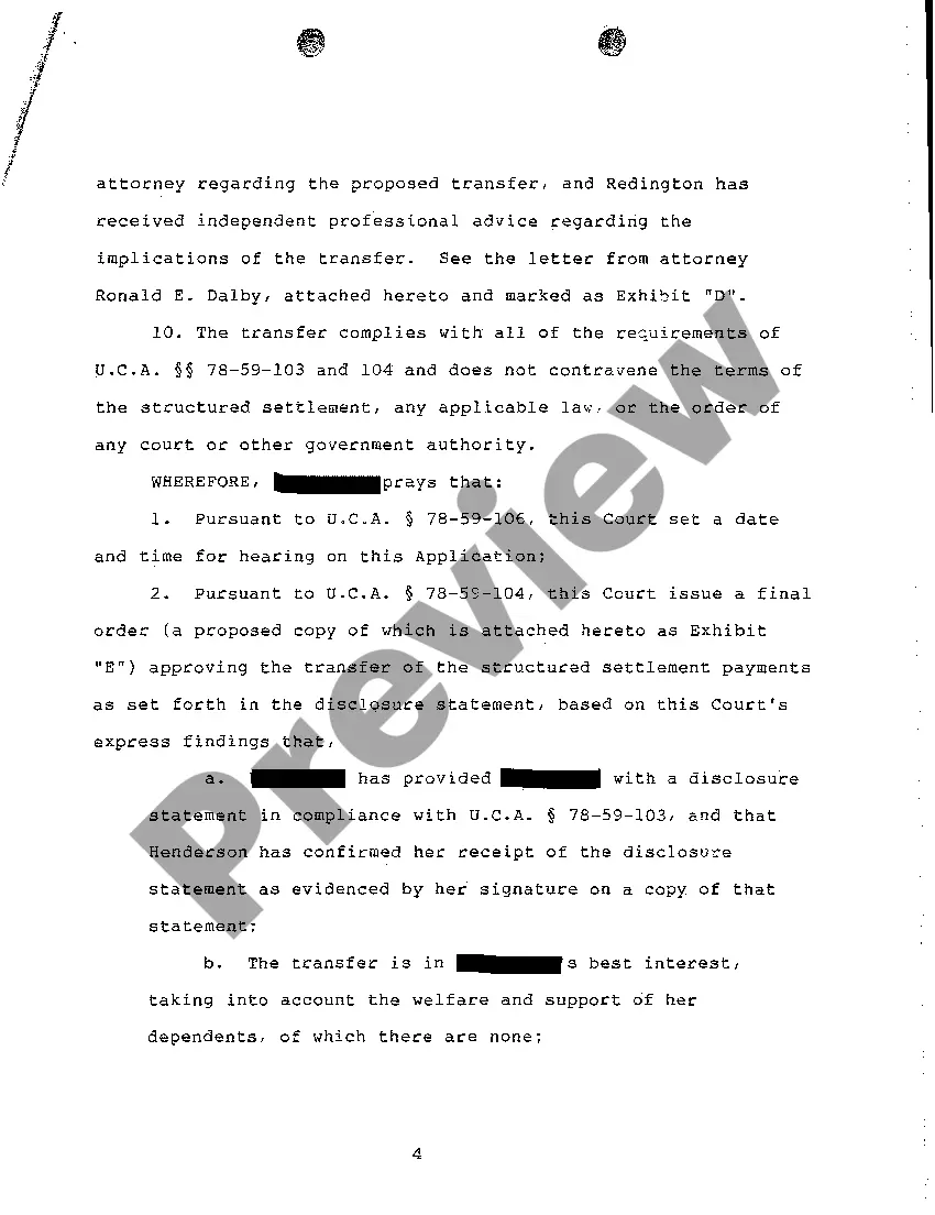 Preview A03 Application For Approval In Advance of Transfer of Structured Settlement Payment Rights Pursuant To U.C.A