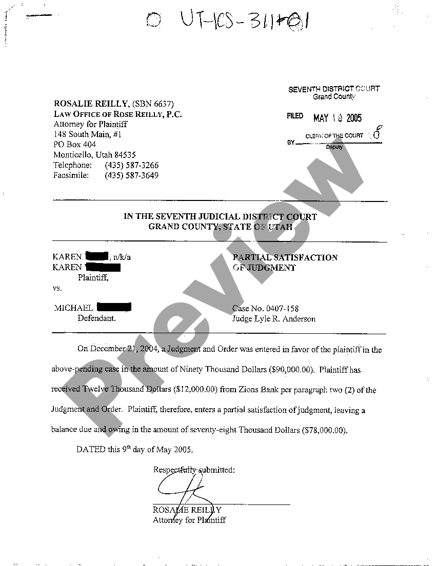 Salt Lake City Utah Partial Satisfaction of Judgment US Legal Forms