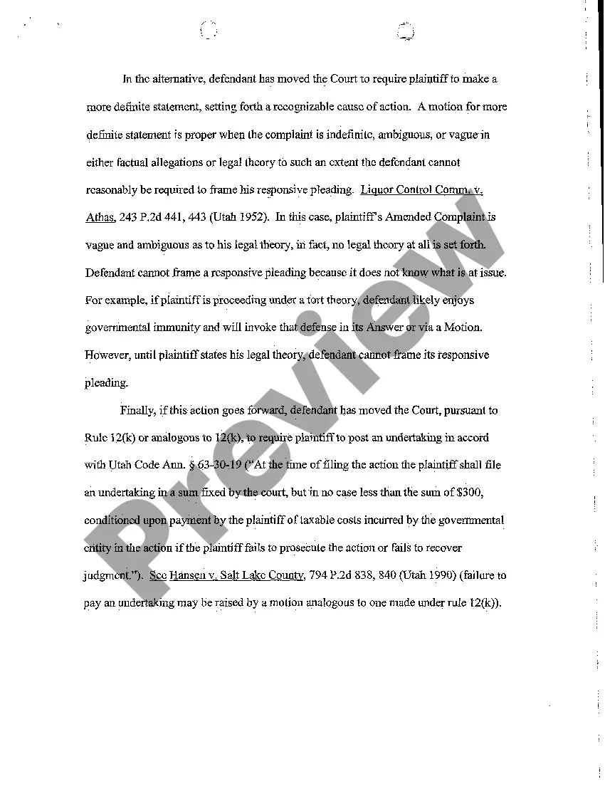 Get A03 Memorandum In Support of Motion To Dismiss Or, In The Alternative For A More Definite Statement and Undertaking Preview A03 Memorandum In Support of Motion To Dismiss Or, In The Alternative For A More Definite Statement and Undertaking