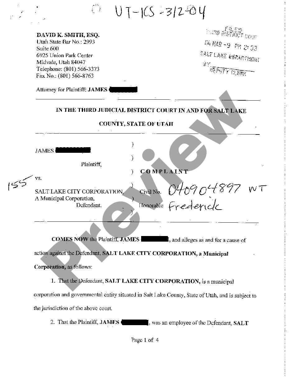 Provo Utah Complaint for Unlawful Discharge | US Legal Forms