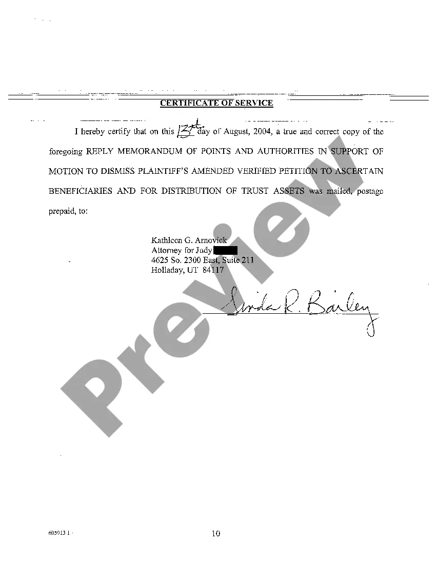 Get A10 Reply Memorandum In Support of Motion to Dismiss Amended Verified Petition to Ascertain Beneficiaries and Distribution of Trust Assets Preview A10 Reply Memorandum In Support of Motion to Dismiss Amended Verified Petition to Ascertain Beneficiaries and Distribution of Trust Assets