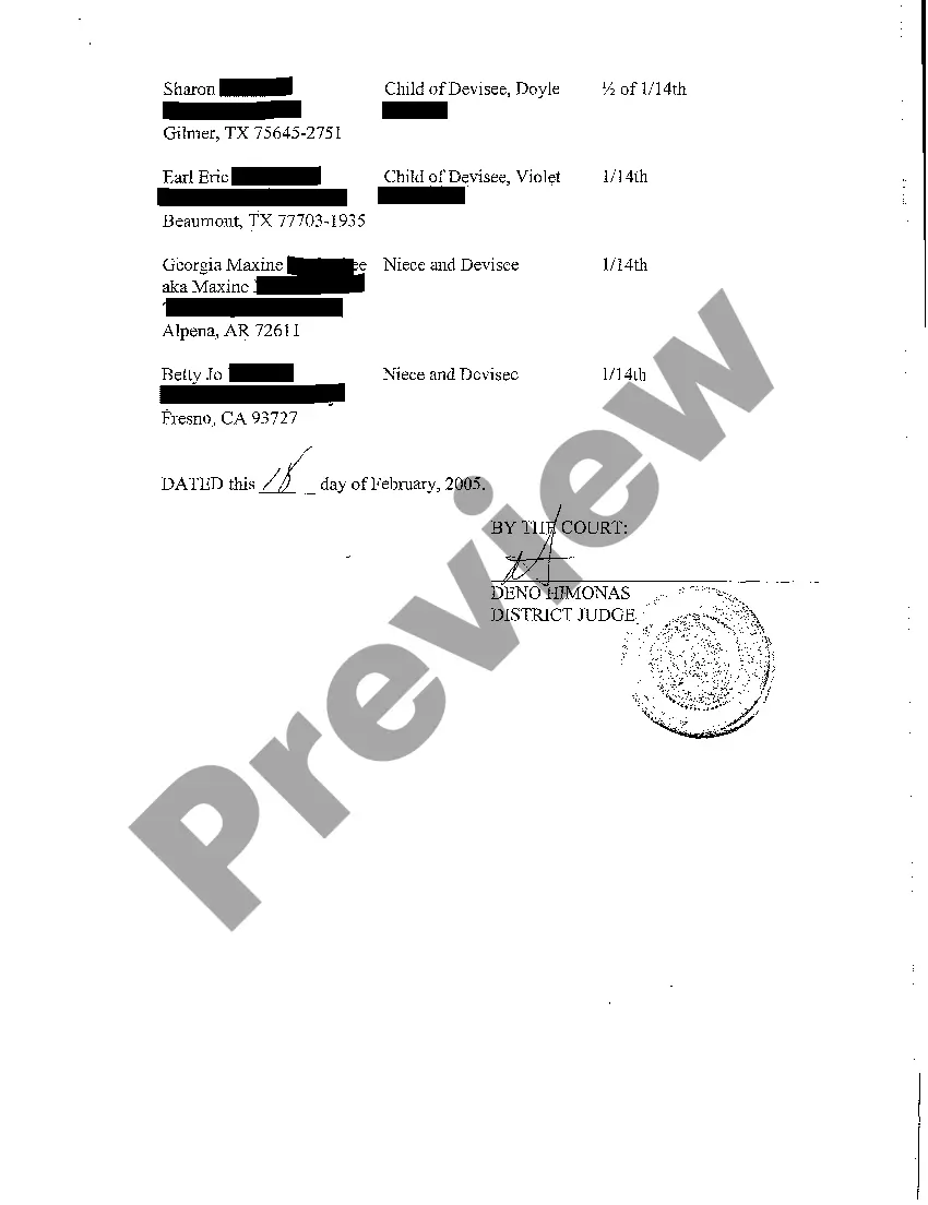 Preview A20 Schedule of Distribution Attached to Estate Closing Order and Determination of Heirship