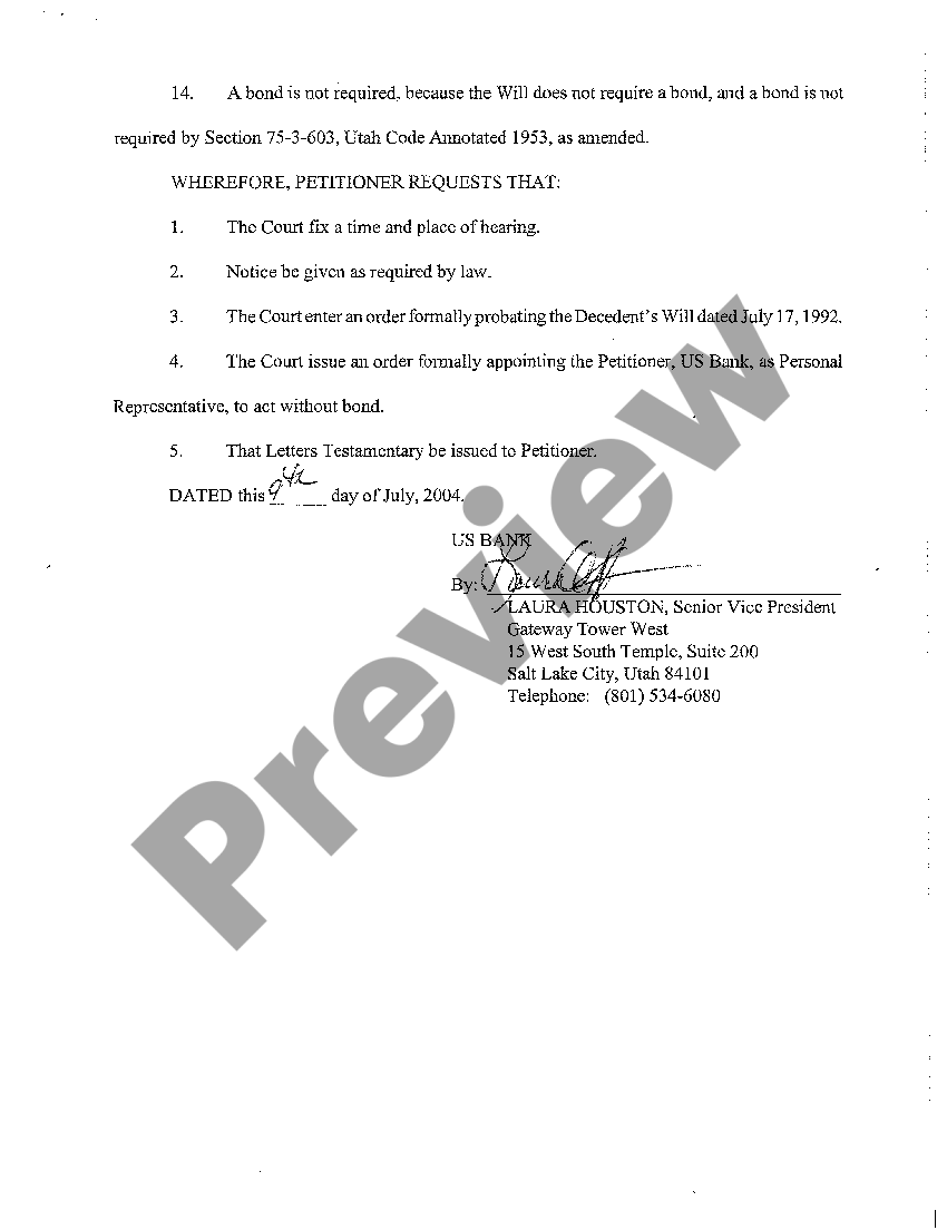 Utah Petition for Formal Probate of Will and Appointment of Personal