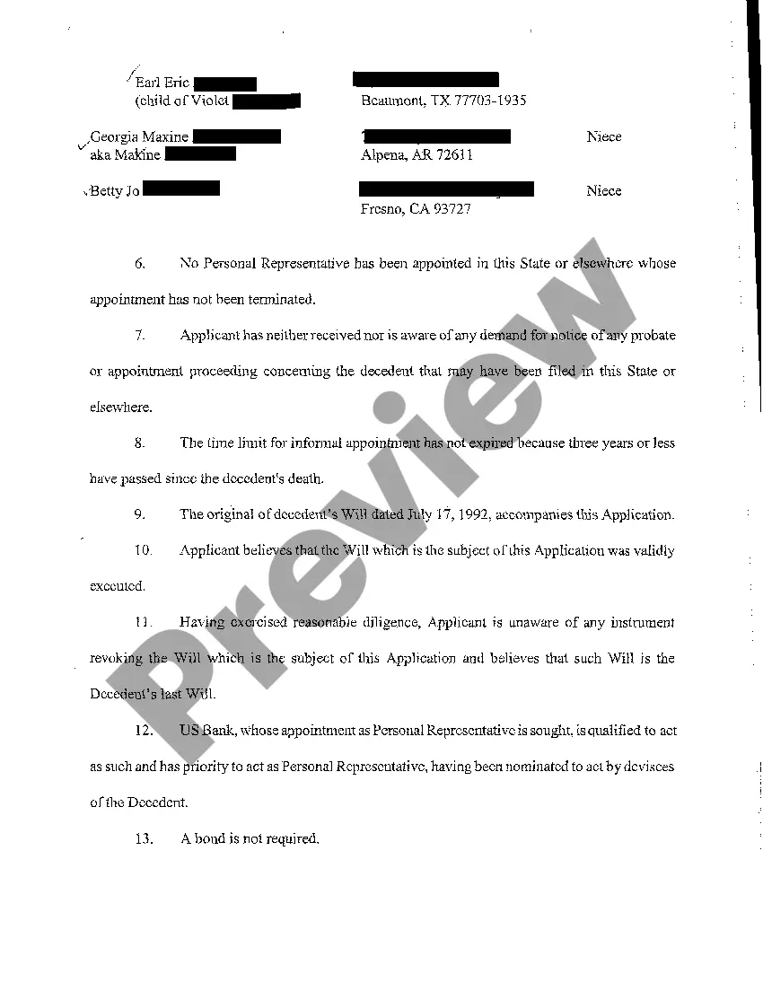 Preview A01 Application for Informal Probate of Will and Appointment of Personal Representative