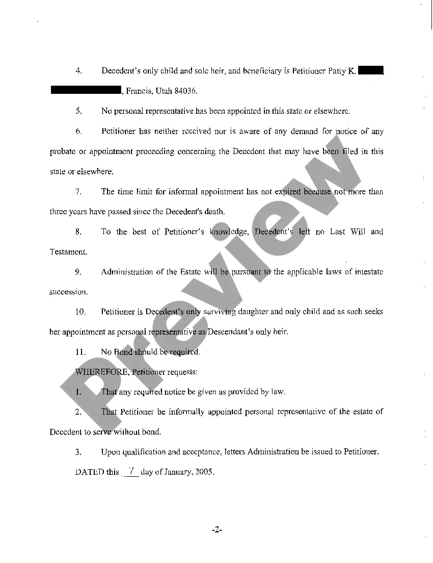 Preview A01 Application for Informal Probate and Appointment of Administrator