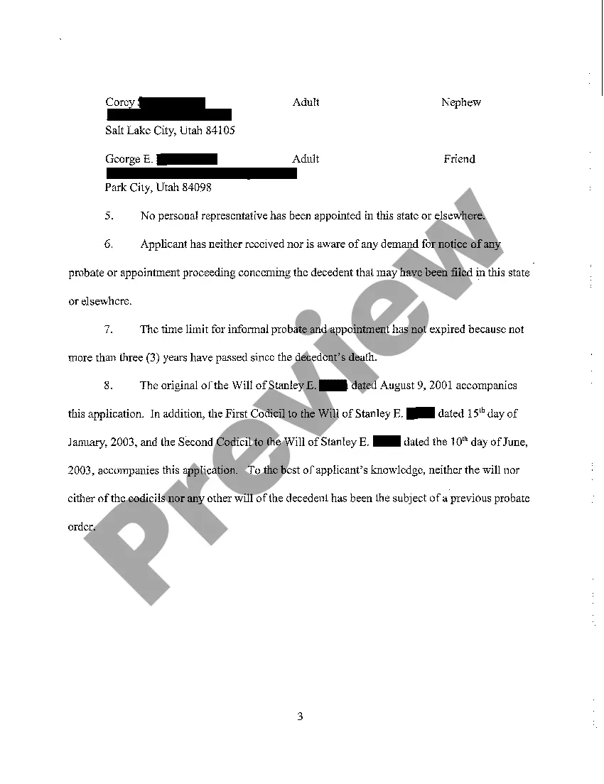 Preview A04 Application for Informal Probate of Will and First and Second Codicils - Will Changes or Amendments, and Informal Appointment of Personal Representative
