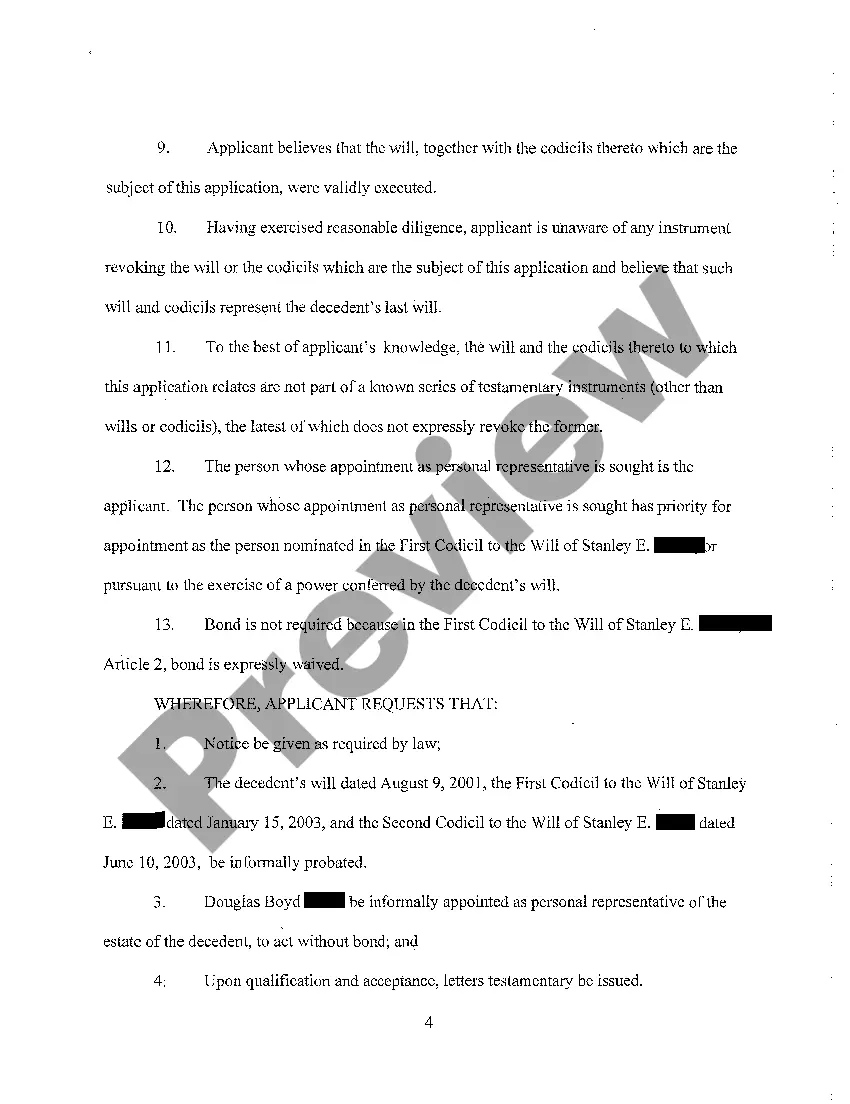 Preview A04 Application for Informal Probate of Will and First and Second Codicils - Will Changes or Amendments, and Informal Appointment of Personal Representative