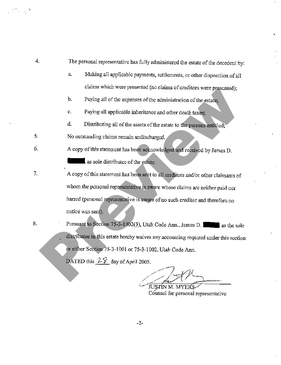 Salt Lake Utah Sworn Statement Of Personal Representative Closing 