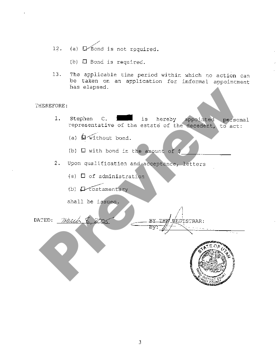 Utah Statement Of Informal Appointment Of Personal Representative Us Legal Forms 0185