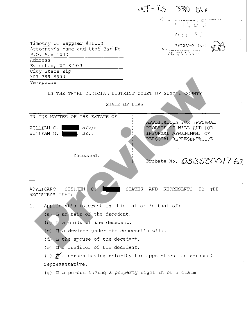 Utah Application for Informal Probate of Will and For Informal