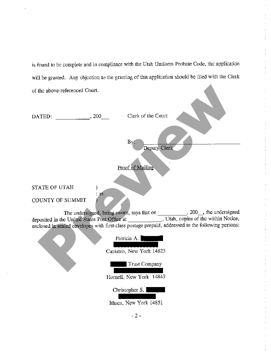 Utah Notice Of Application For Informal Probate Of Will And Informal Appointment Of Personal 5607