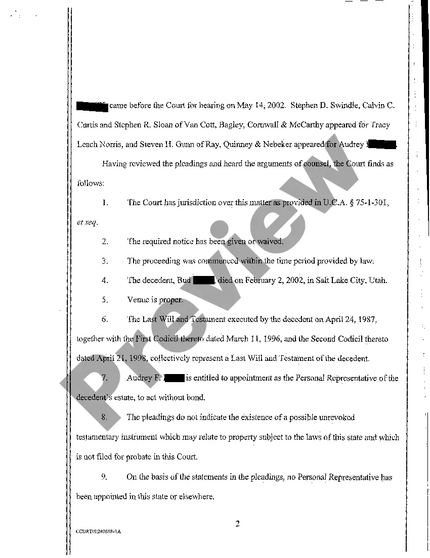 Preview A11 Order of Formal Probate of Will, Appointment of Personal Representative and Other Matters