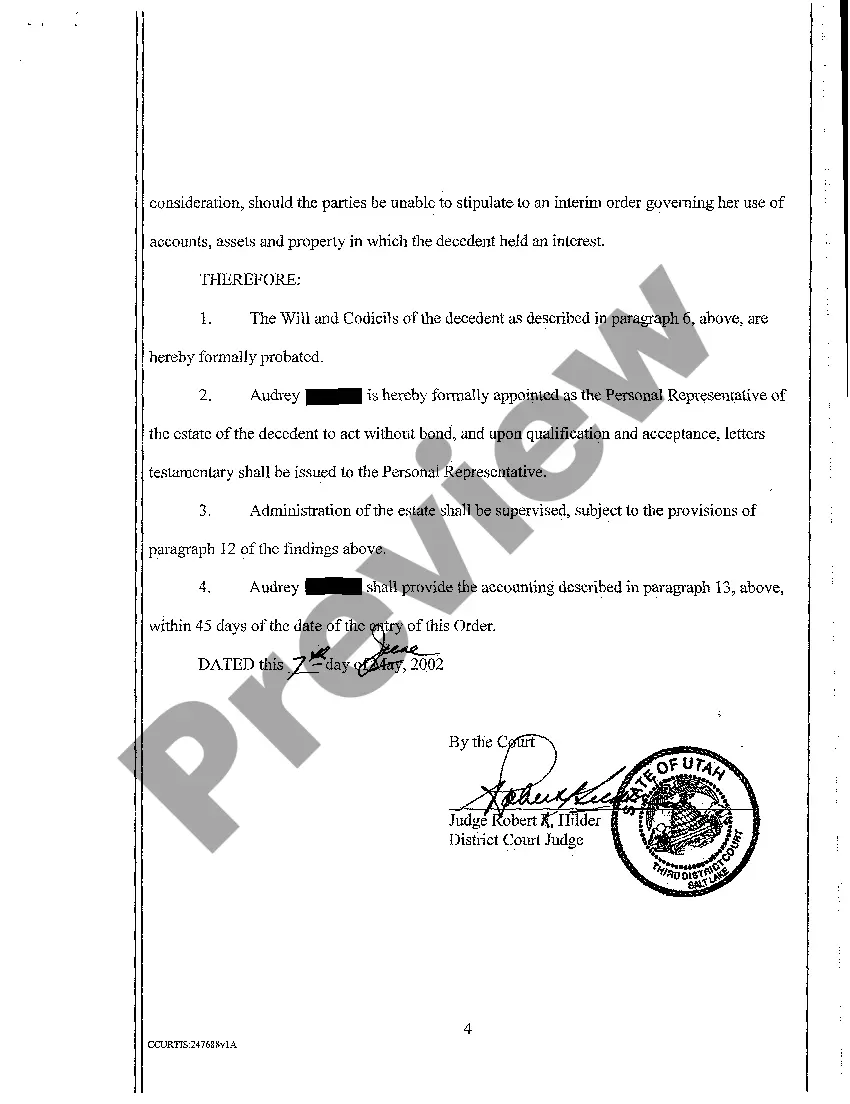 Preview A11 Order of Formal Probate of Will, Appointment of Personal Representative and Other Matters