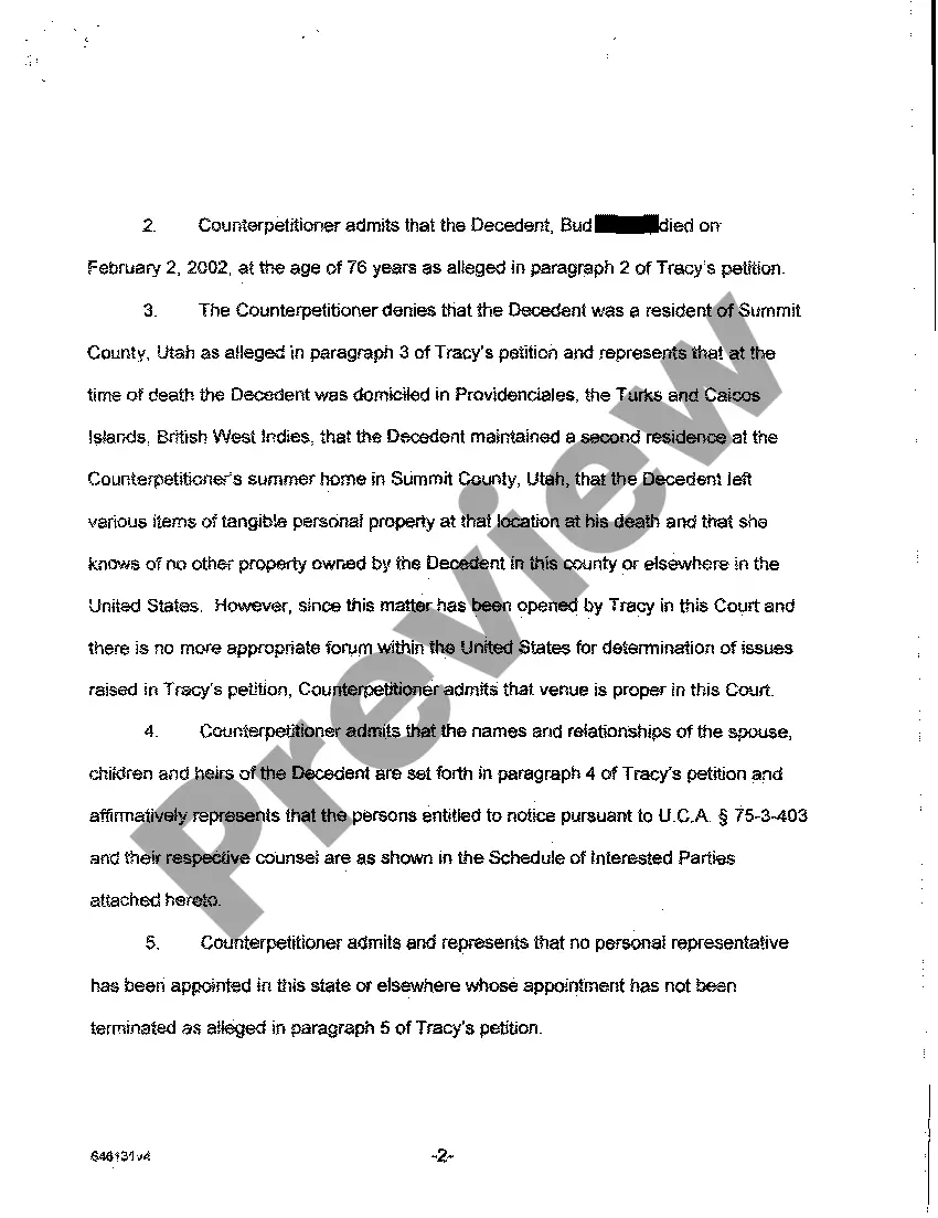 Preview A08 Objection to Petition and Counter petition for Formal Probate of Will and for Formal Appointment of Personal Representative