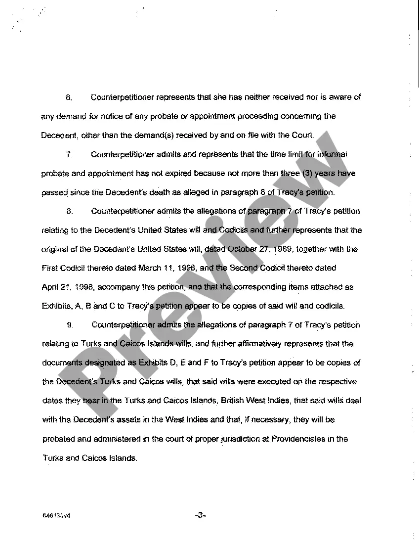 Preview A08 Objection to Petition and Counter petition for Formal Probate of Will and for Formal Appointment of Personal Representative