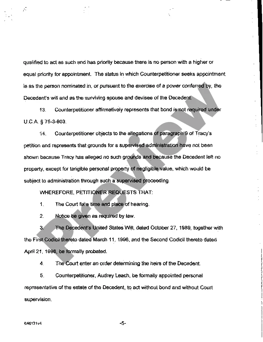Preview A08 Objection to Petition and Counter petition for Formal Probate of Will and for Formal Appointment of Personal Representative