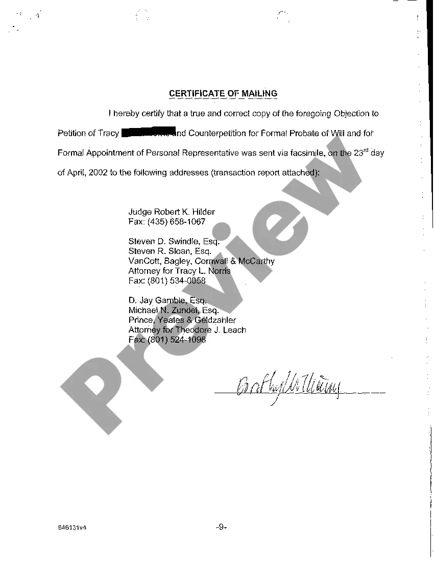 Preview A08 Objection to Petition and Counter petition for Formal Probate of Will and for Formal Appointment of Personal Representative