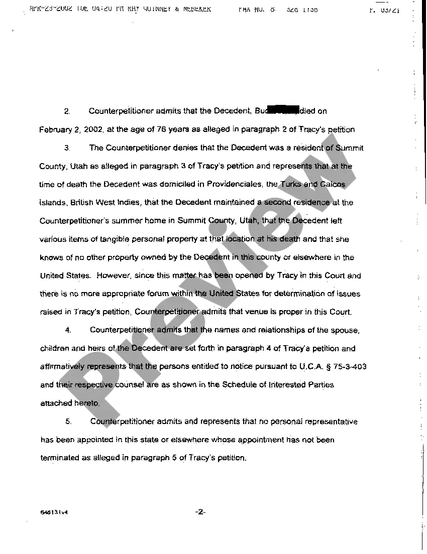 Preview A06 Objection to Petition and Counter Petition for Formal Probate of Will and for Formal Appointment of Personal Representative