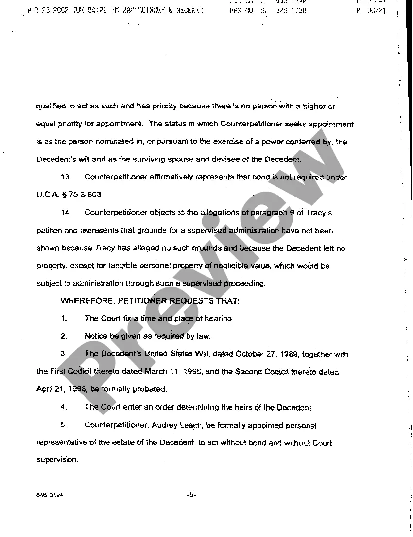 Preview A06 Objection to Petition and Counter Petition for Formal Probate of Will and for Formal Appointment of Personal Representative