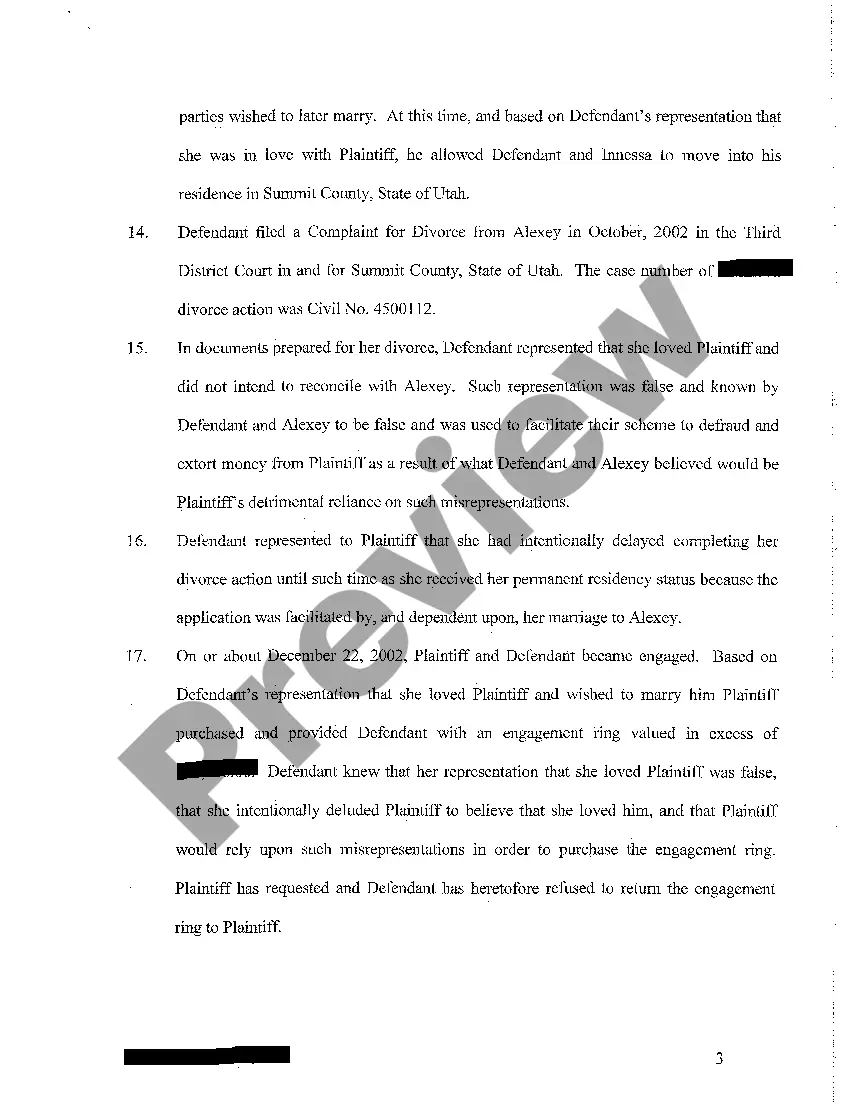 Preview A01 Complaint - Fraud - Misrepresentation and Conspiracy to Commit Fraud regarding Engagement ring