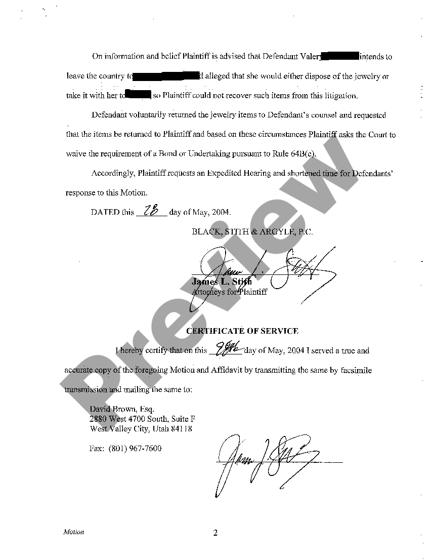 Salt Lake City Utah Motion for Writ of Replevin, for Waiver of Bond or